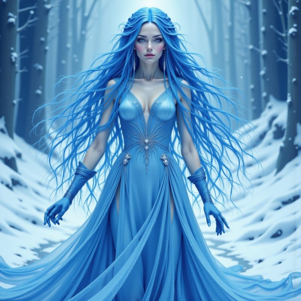 Siberian Android Princess in Elegant Gown on Frozen Tundra