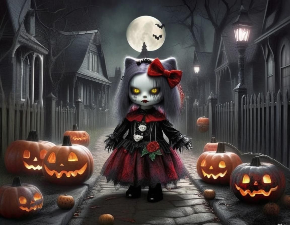 Gothic Boho Hello Kitty Vampiress in Spooky Scene