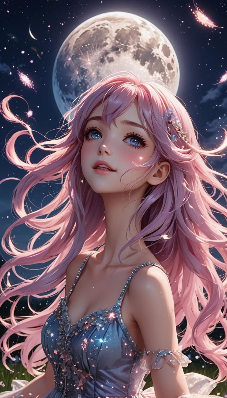 Anime Girl Dancing in Moonlit Meadow