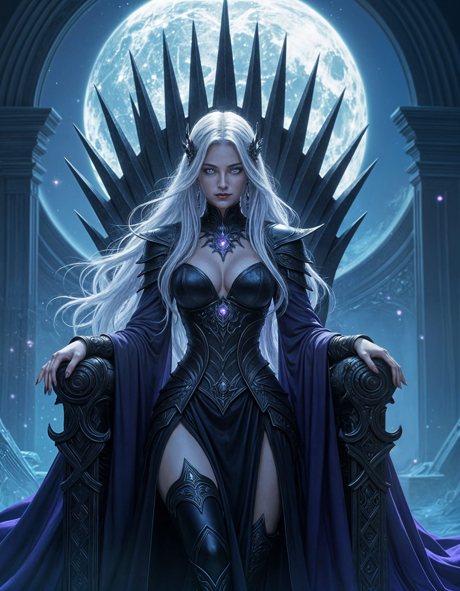 Ethereal Sorceress on Bladed Throne in Dark Fantasy Style