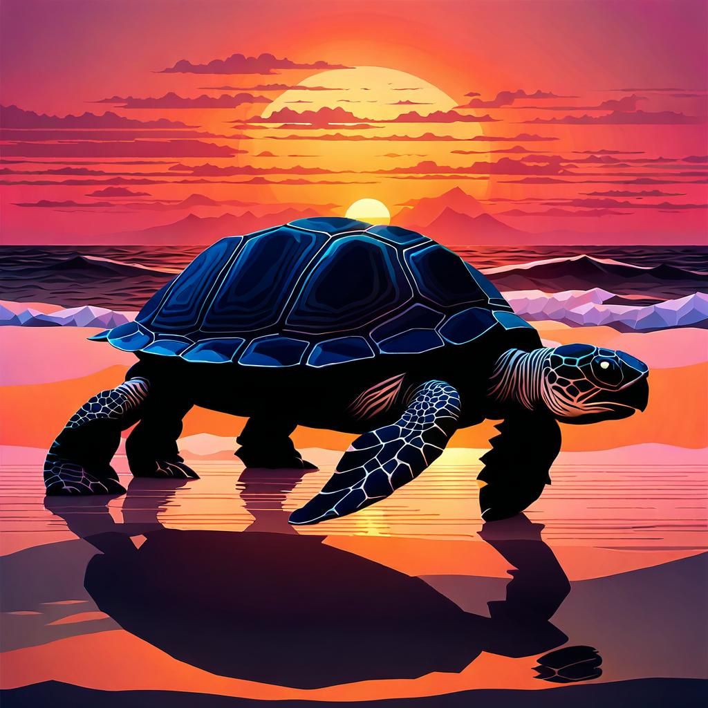 Turtle Silhouette at Sunset: Low-Poly Digital Art