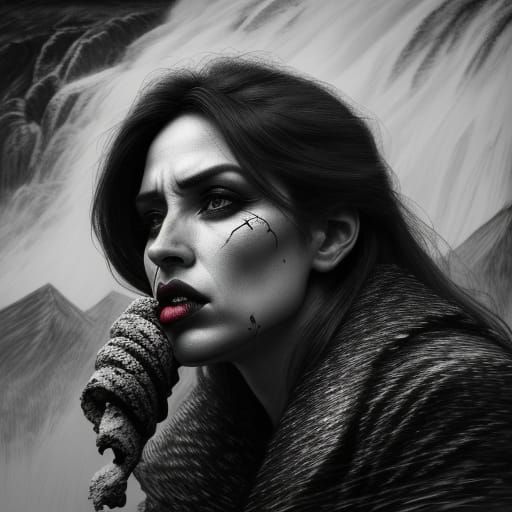 Woman Eating Ice Cream: Hyperdetailed Charcoal Drawing