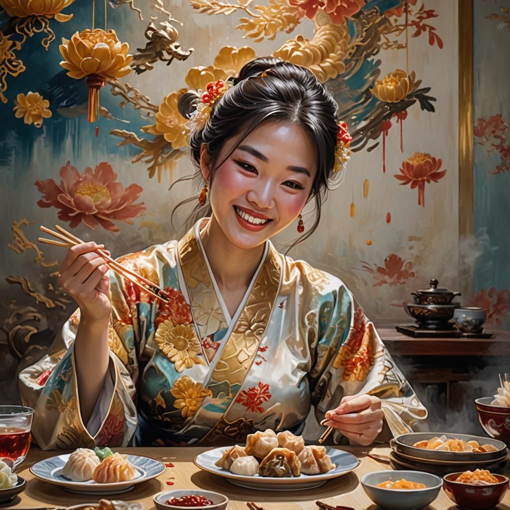 Japanese Woman Eating Dim Sum in Hyperrealistic Splash Art