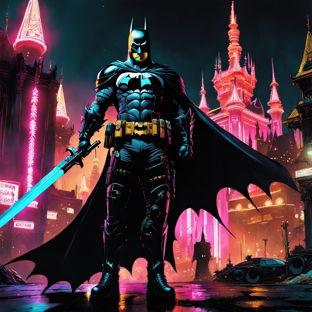Batman as Medieval Knight in Cyberpunk Style