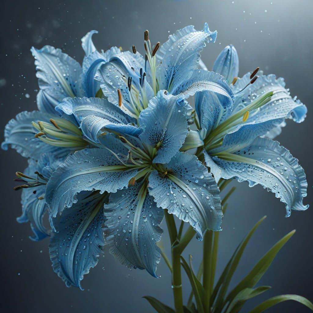Blue Frilly Lilies with Dewdrops in Hyperrealism