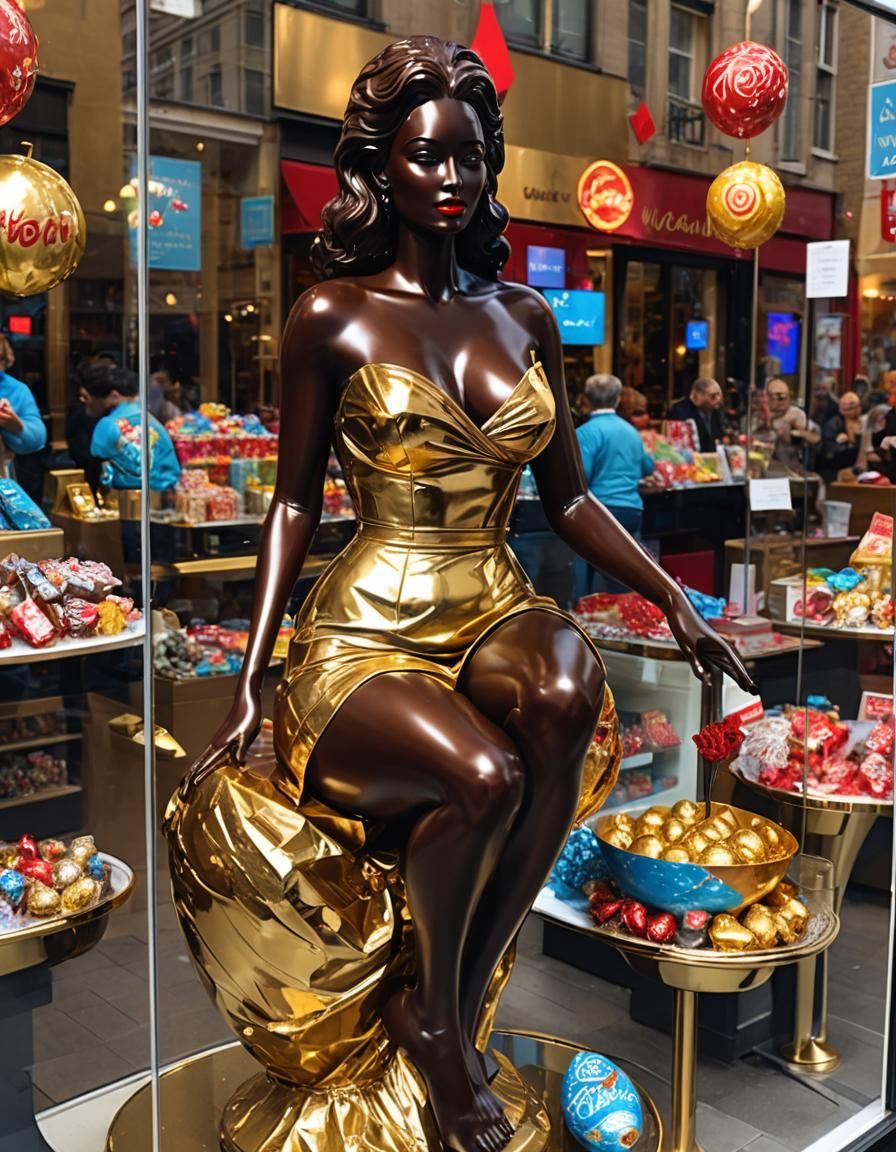 Chocolate Woman Statue in Candy Shop Window