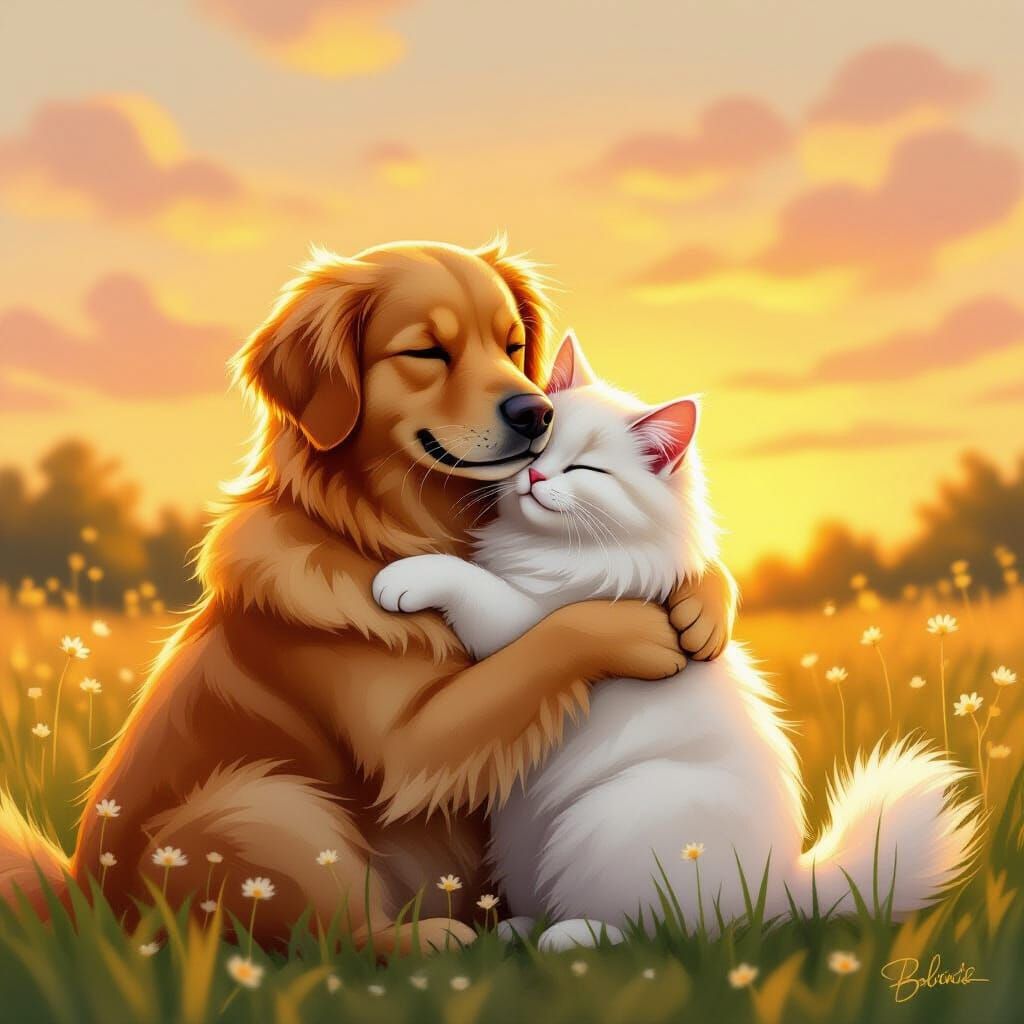 Golden Retriever and Cat Hugging at Sunset
