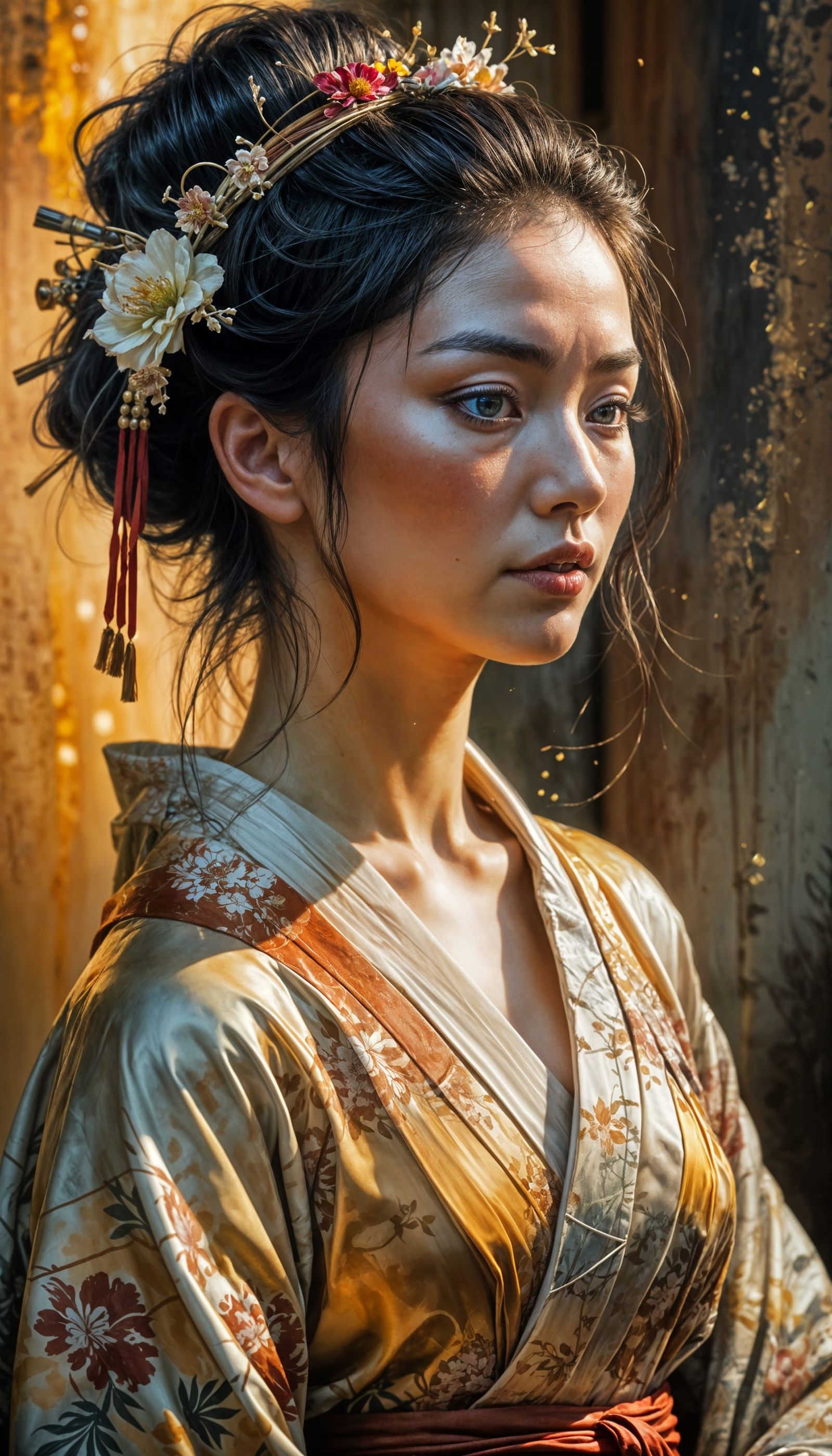 Geisha in Silk Robe: Detailed Watercolor Painting