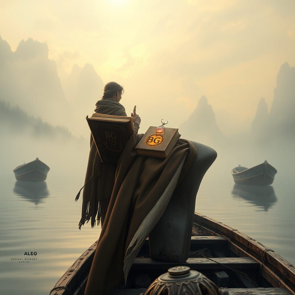 Serene Lake Landscape with Ancient Tome and Crystal Pendant