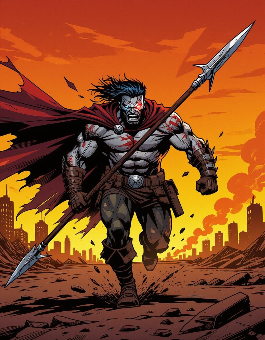 Post-Apocalyptic Nomad Charging Through Wasteland in Comic A...