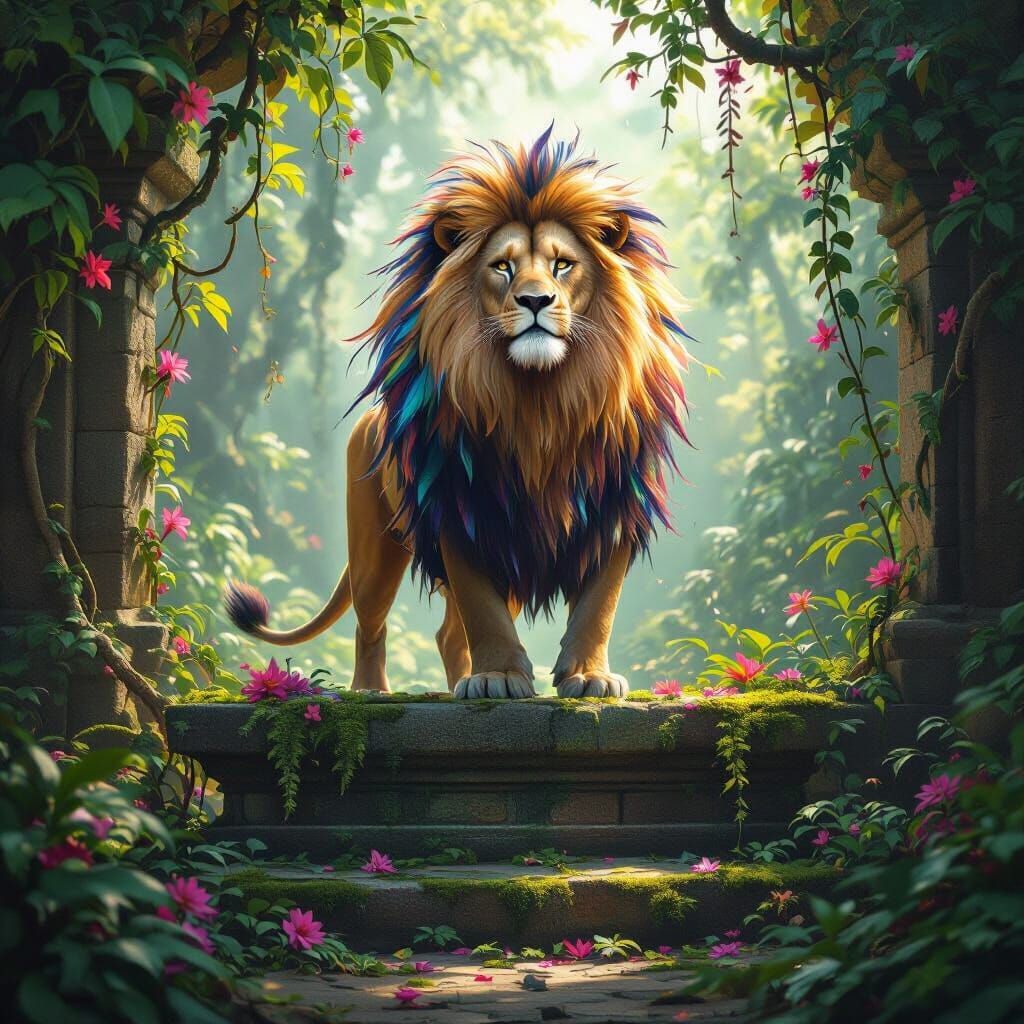 Majestic Feathered Lion on Ancient Altar