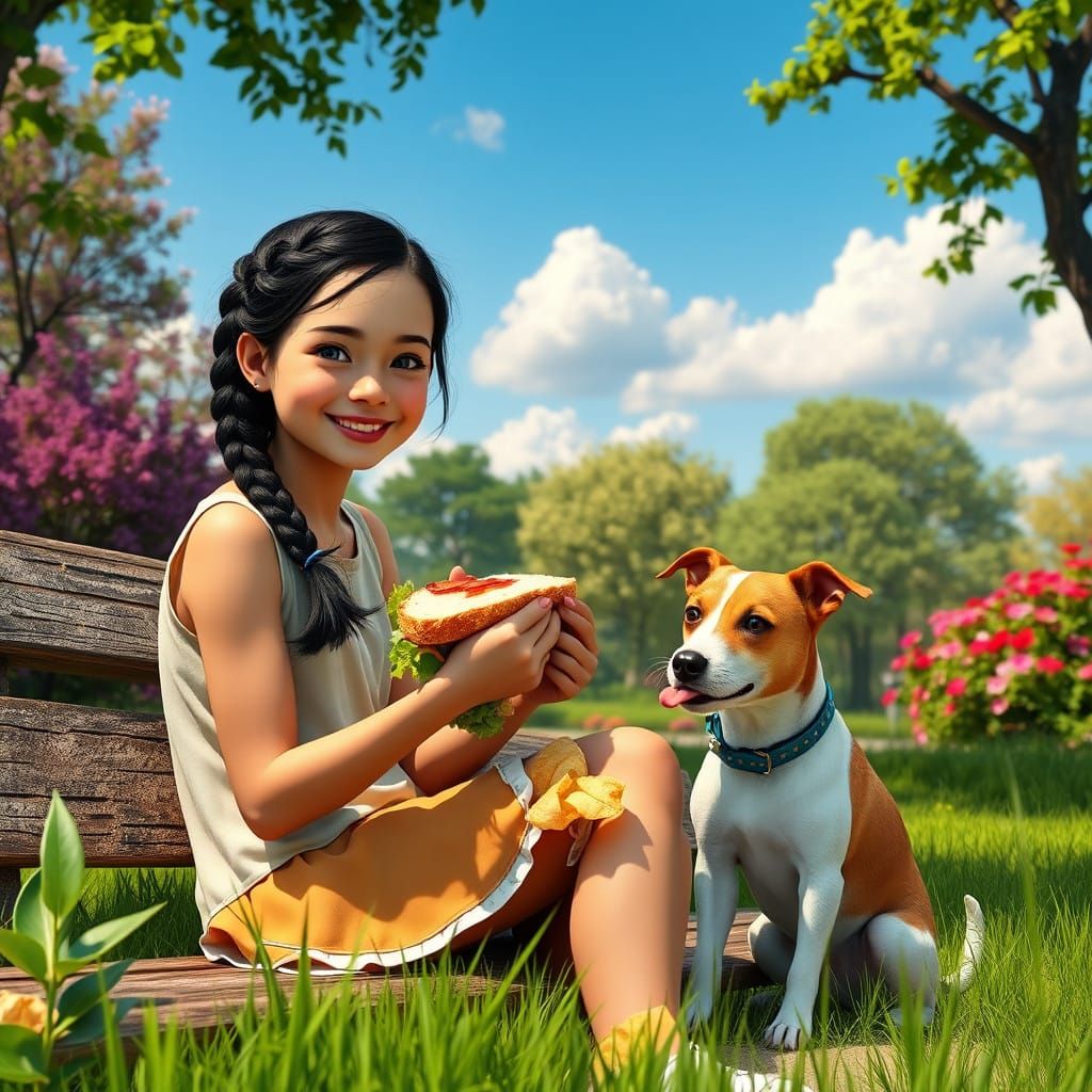 Serene Park Scene with Girl and Dog