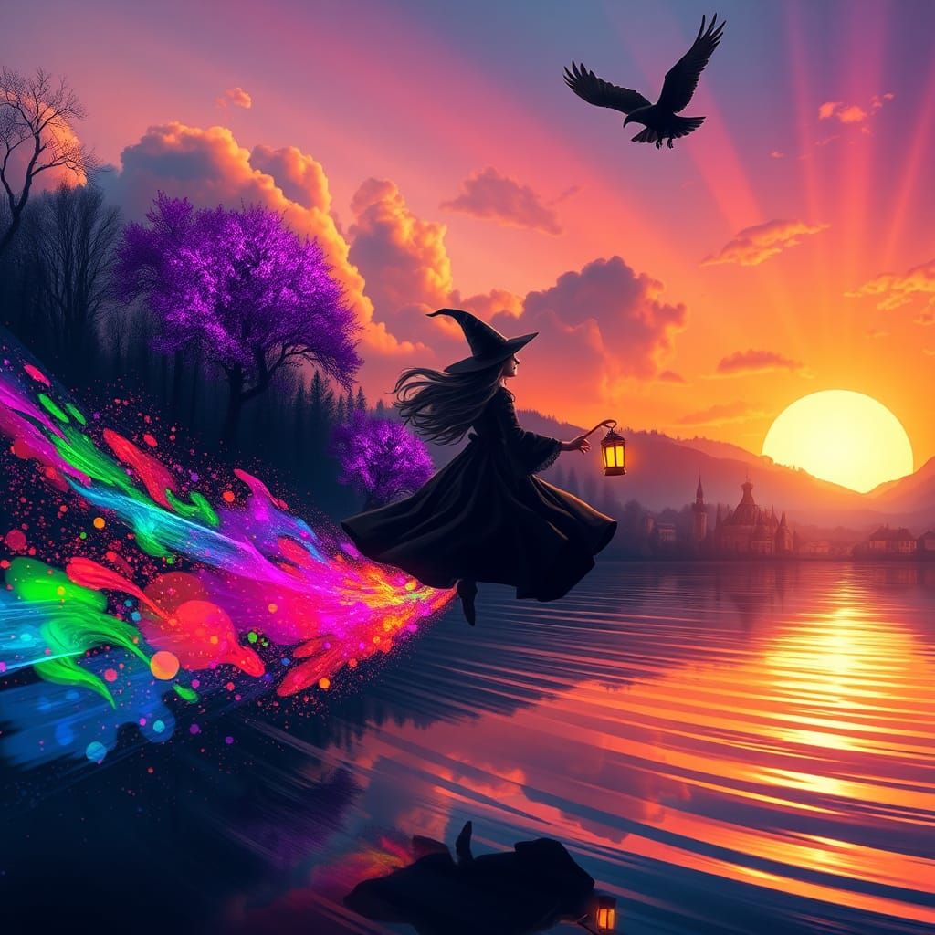 Whimsical Witch Zooming into Twilight Forest