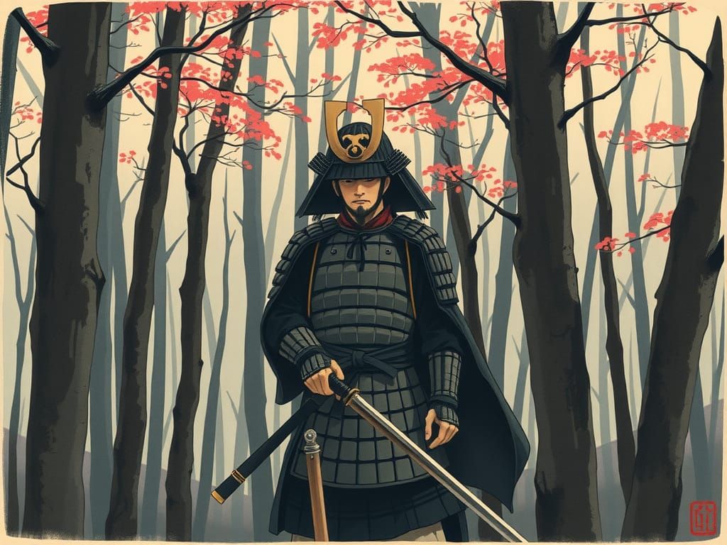 Samurai in Forest: Ukiyo-e Woodblock Print