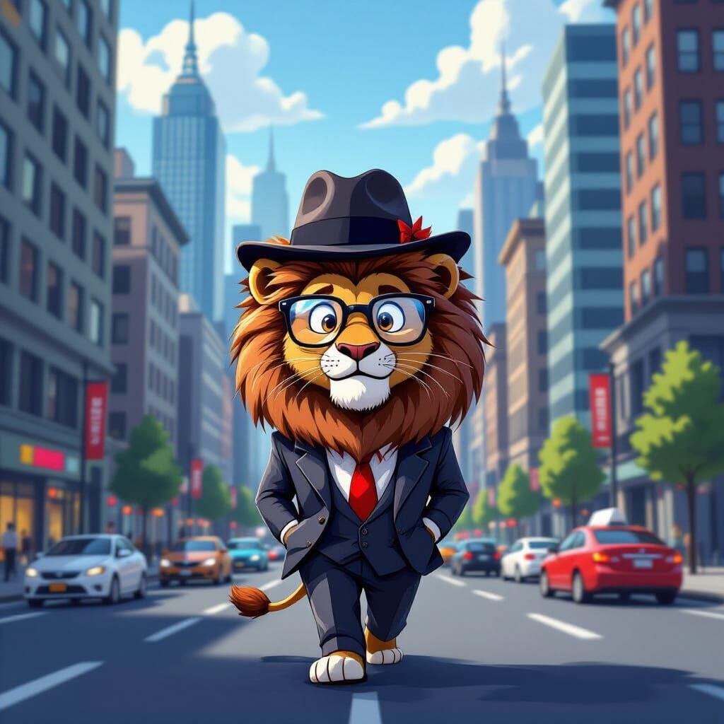 Lion in City Wearing Glasses, Tie and Hat