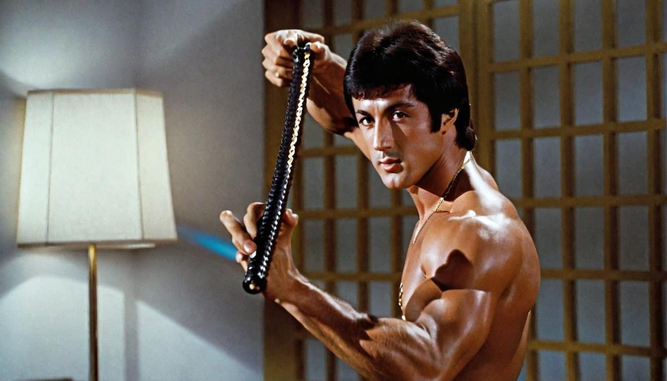 Sylvester Stallone and Bruce Lee with Nunchucks