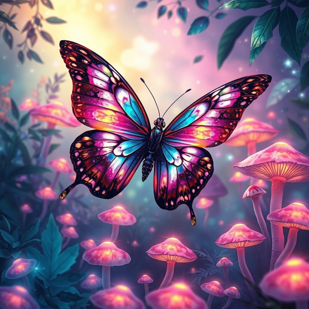 Celestial Butterfly in Bioluminescent Mushroom Field