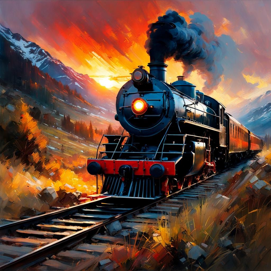 Steam Locomotive Sunset: Dramatic Fine Art Painting
