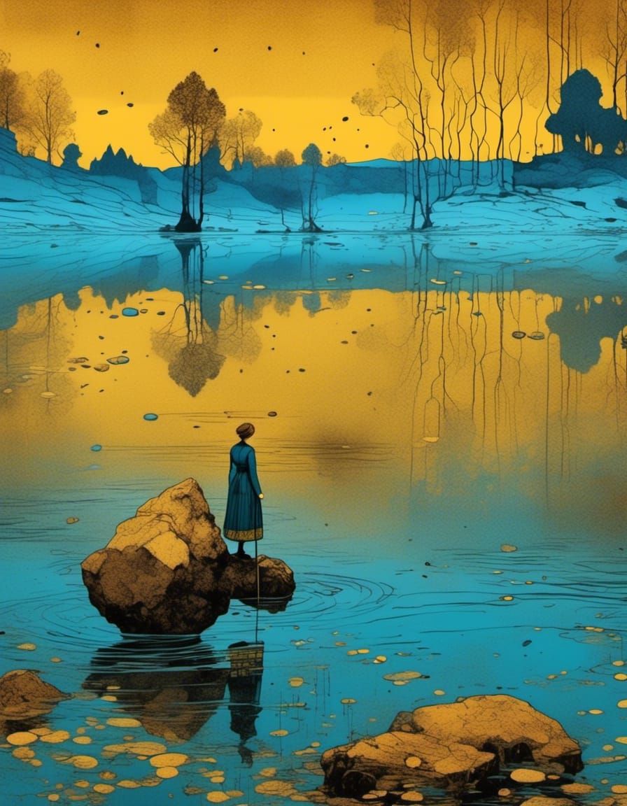 Stones Skipping on Petrol Blue Lake