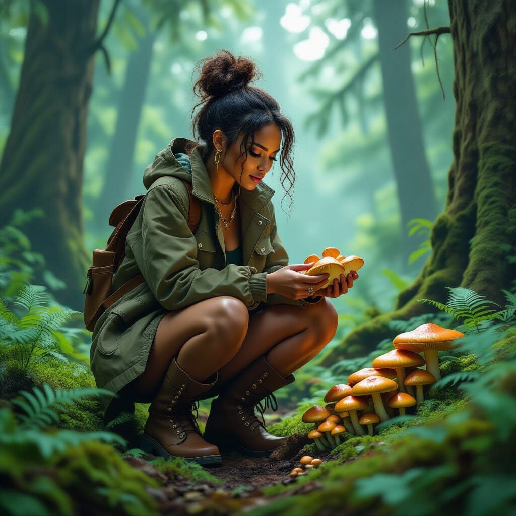 Rihanna Collecting Mushrooms in Enchanted Forest