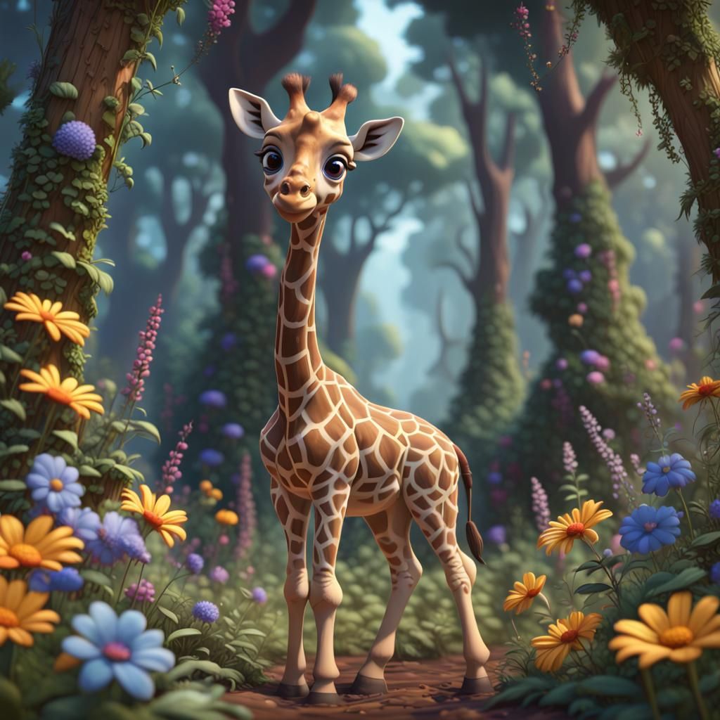 Cute Baby Giraffe in Forest, Disney Pixar Style