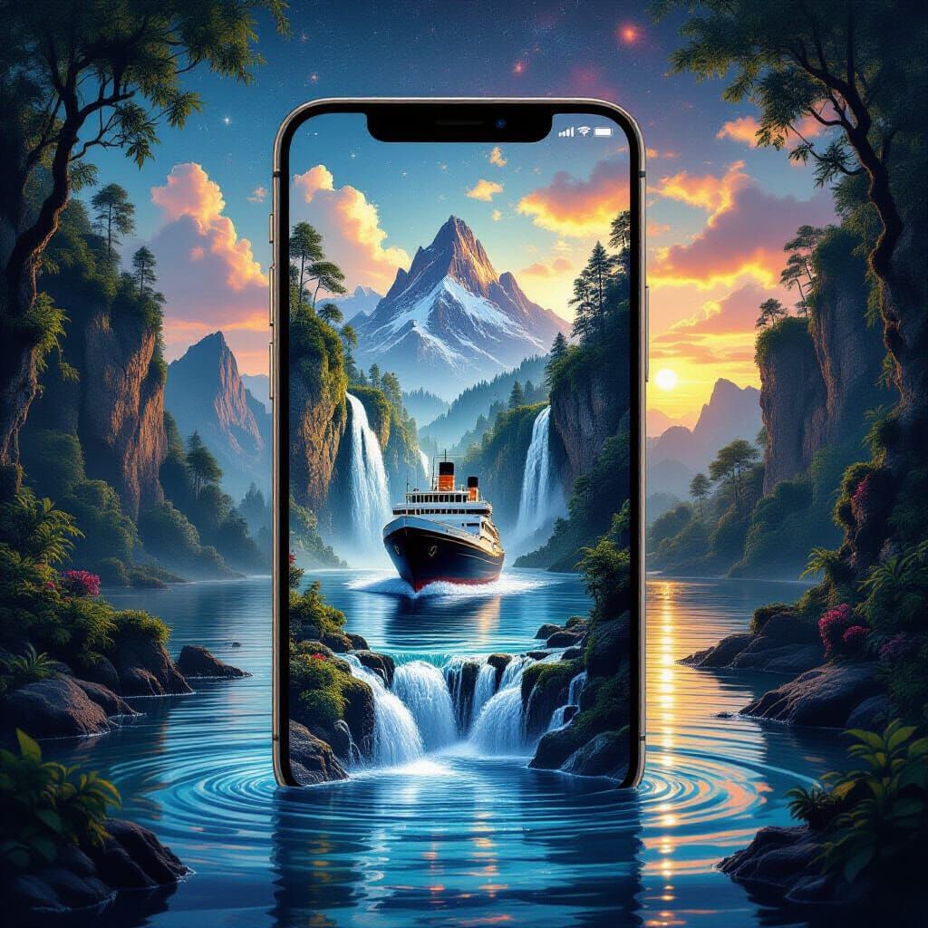 Mobile Phone Waterfall Scene in Cosmic Mixed Media