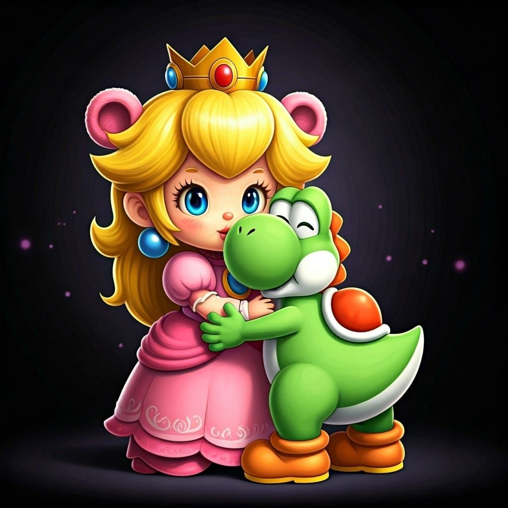 Cute Chibbi Princess Peach Hugs Adorable Fluffy Yoshi in Dig...