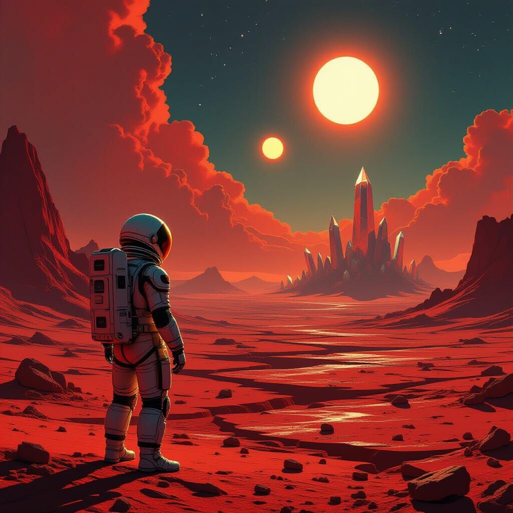 Astronaut on Crimson Planet with Twin Suns and Crystalline S...