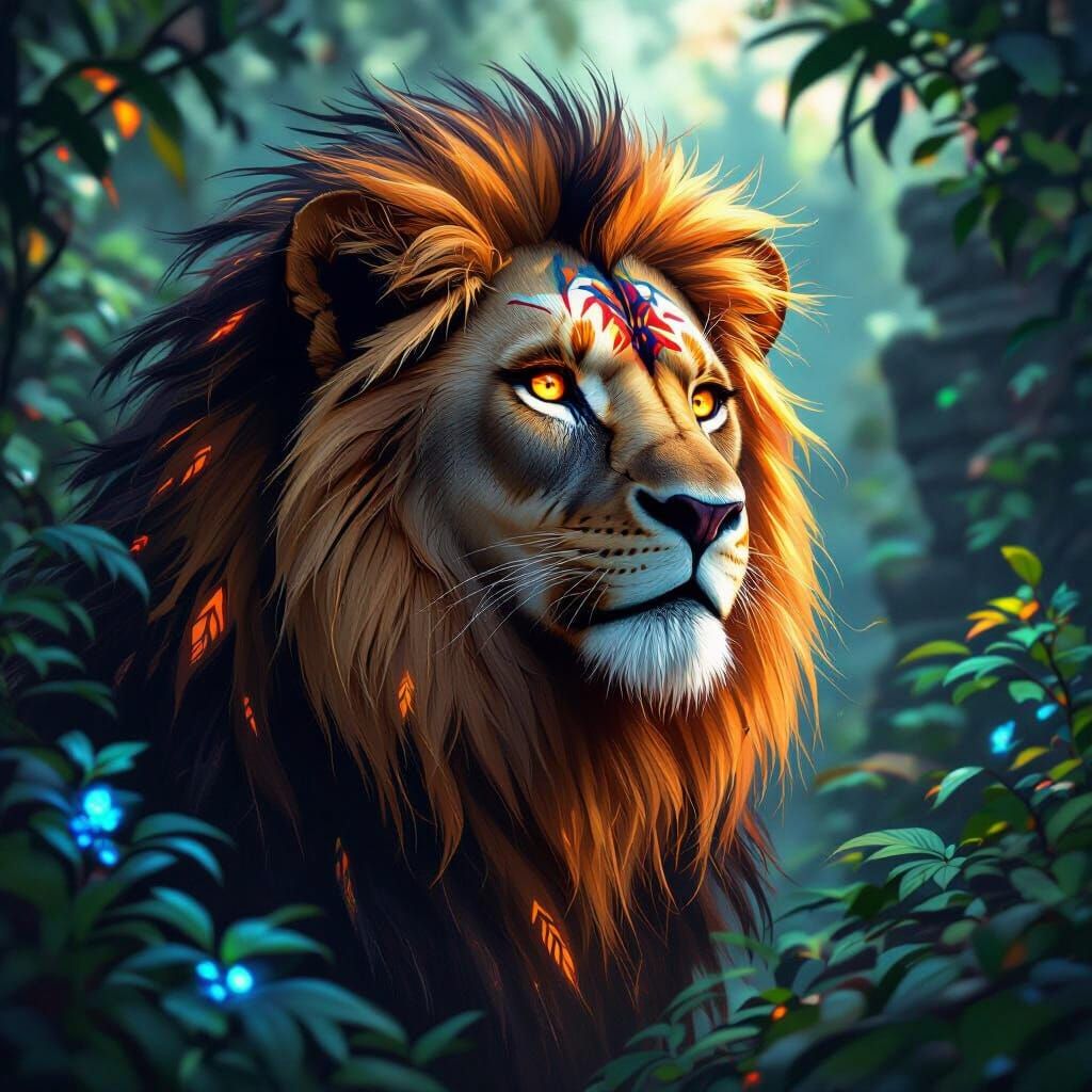 Fiery Lioness in Bioluminescent Jungle: Hyperrealistic Fanta...