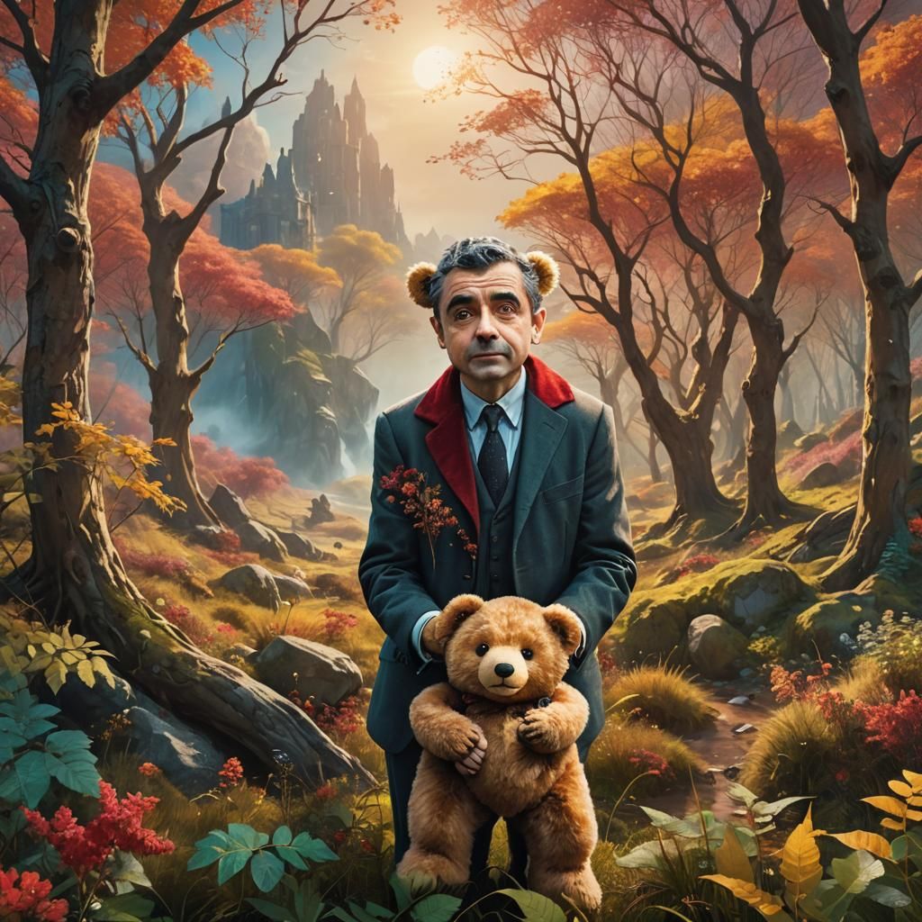 Teddy Bear Holding Man in Surreal Landscape