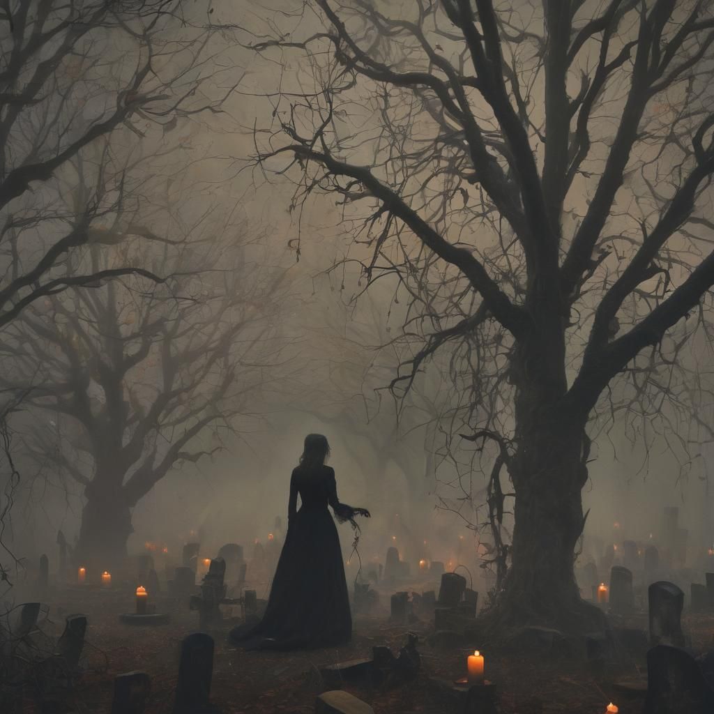 Surrealist Witch in Graveyard Oil Painting