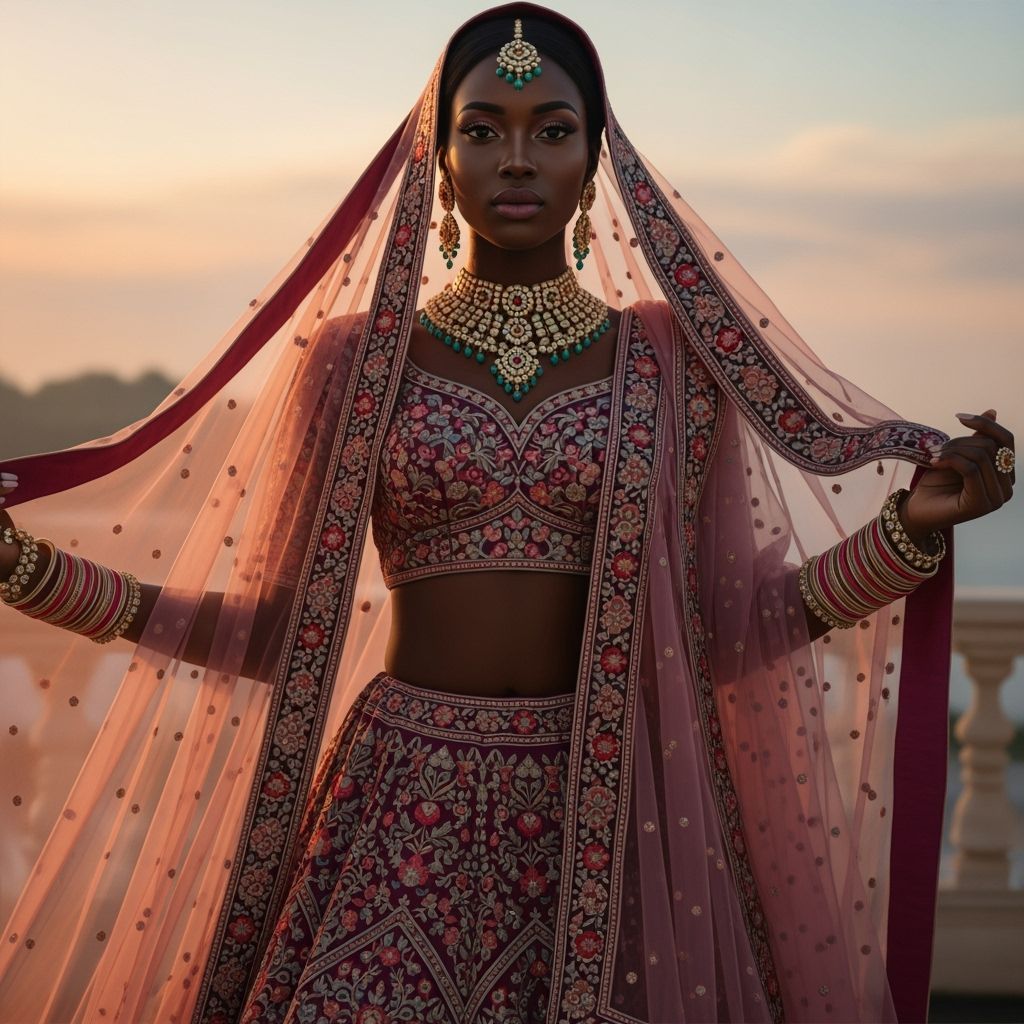 African Woman in Ornate Lehenga and Veil
