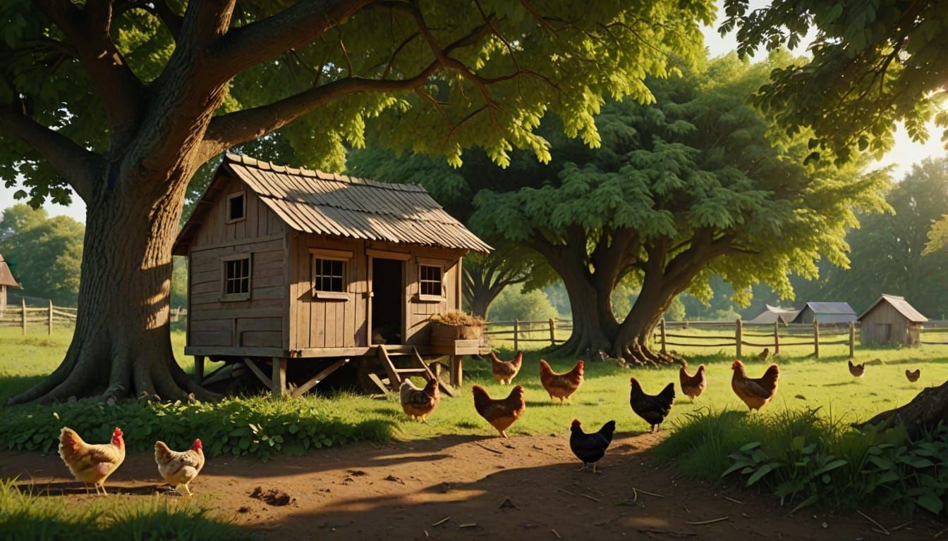 Rustic Hen House with Chickens Under Shady Tree