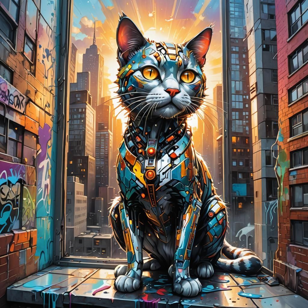 cyborg cat, window, tall buildings, sun rays, futuristic, re...