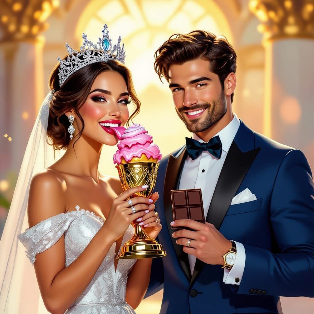 Triumphant Woman and Prince Enjoying Treats in Golden Hour L...