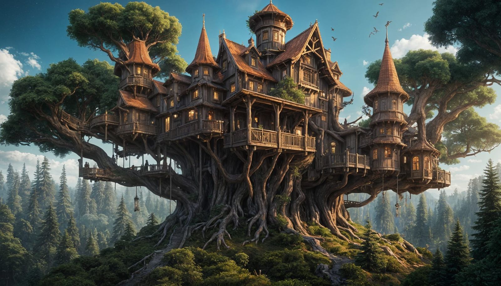 Fantastical Treehouse with Towers in Pine Forest