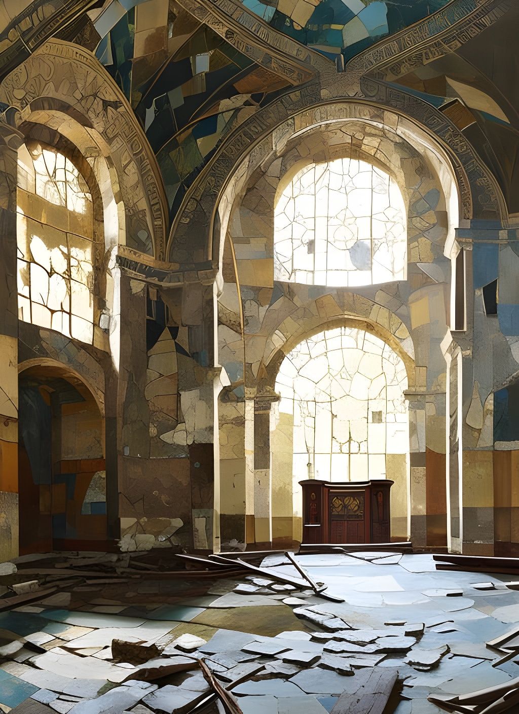 Abandoned Temple: Broken Mosaic Mural in Impasto Style