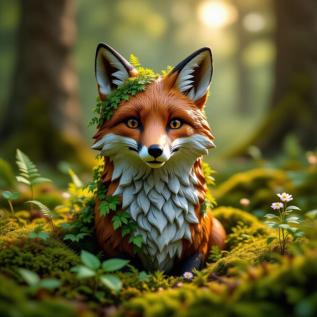 Mossy Stone Fox Statue in Forest Clearing