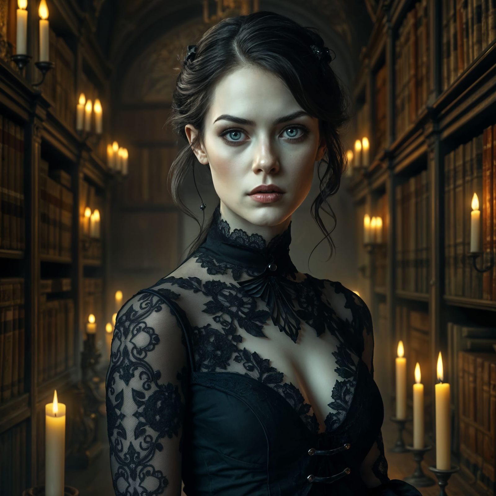 Gothic Woman in Library: Victorian Art with Surrealism