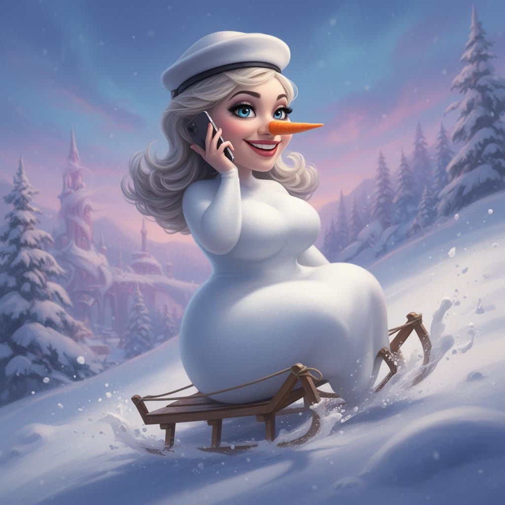 Curvy Snow Woman Talking on Phone Sliding Down Hill