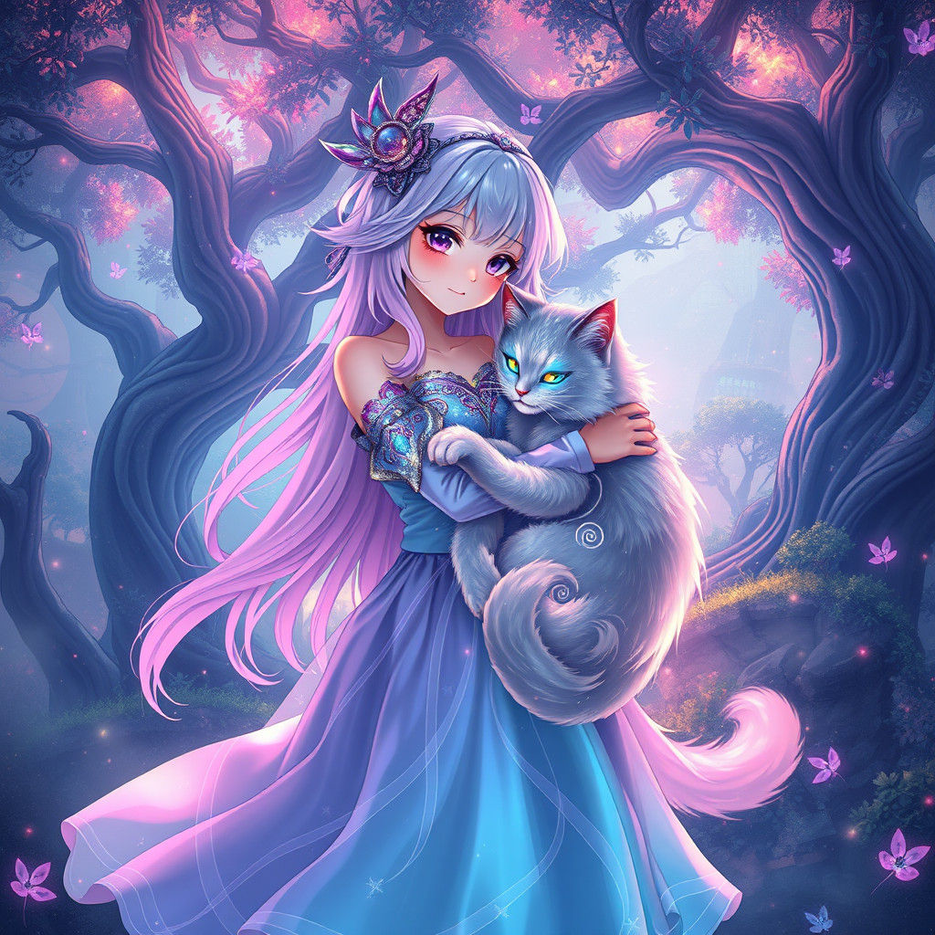 Ethereal Anime Girl with Luminous Cat