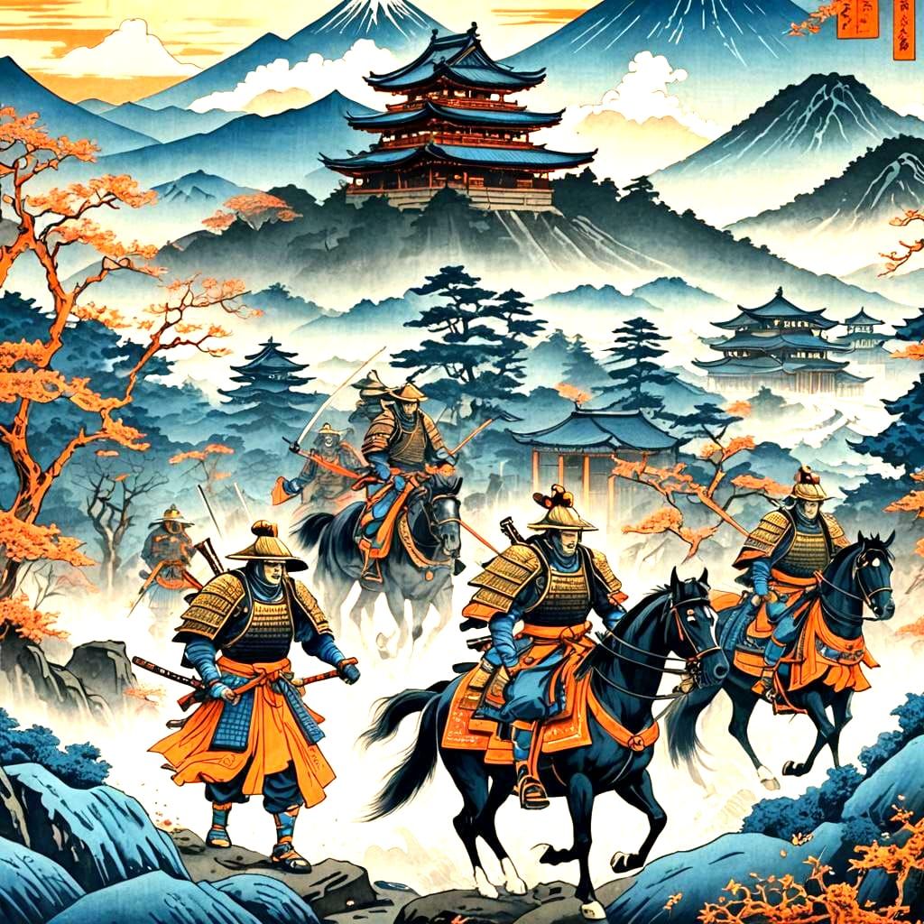 Samurai Troop Near Temple: Ukiyo-e Woodblock Print