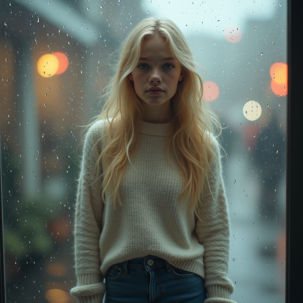 Ethereal Blonde Girl Captured in Rainy Window Scene