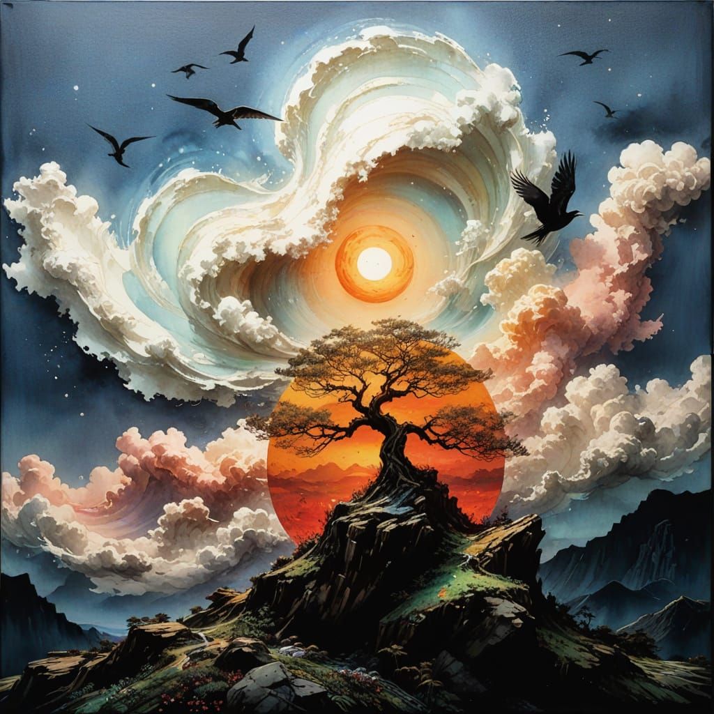 Watercolor Sunset Waves in Double Exposure