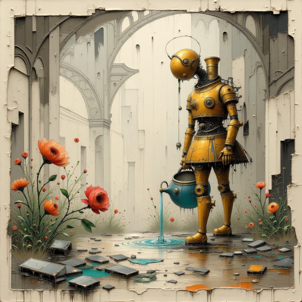 Steampunk Robot Tends Plants in Abandoned Factory