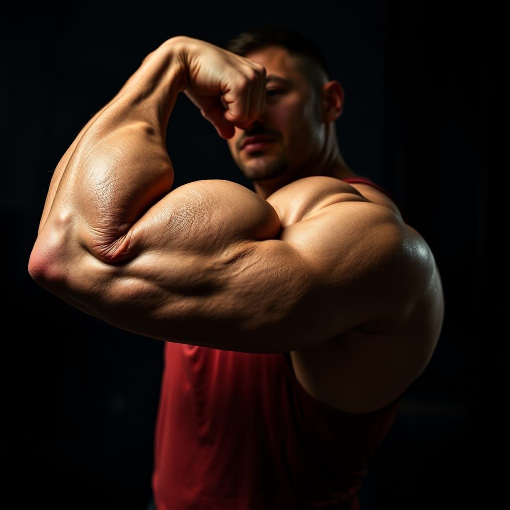 Bodybuilder Flexing Sausage Bicep in Hyperrealistic Style