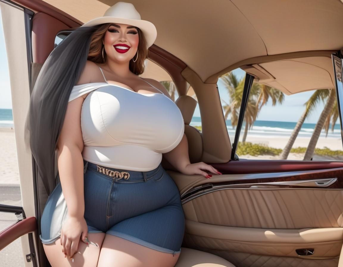 Curvy Woman Drives Convertible by Beach Road
