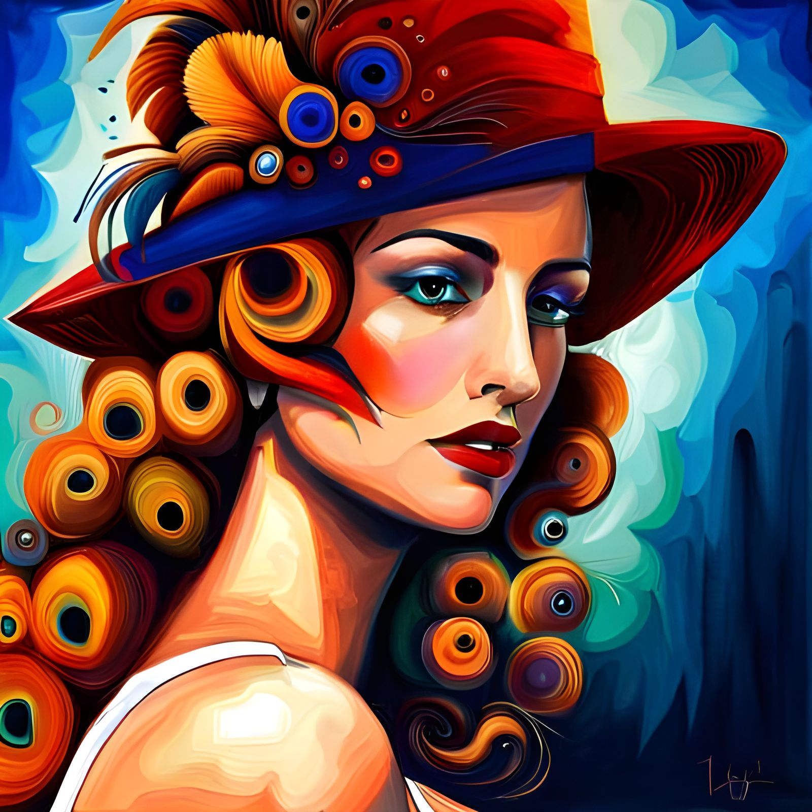 Abstract Feathered Hat in Complementary Colors