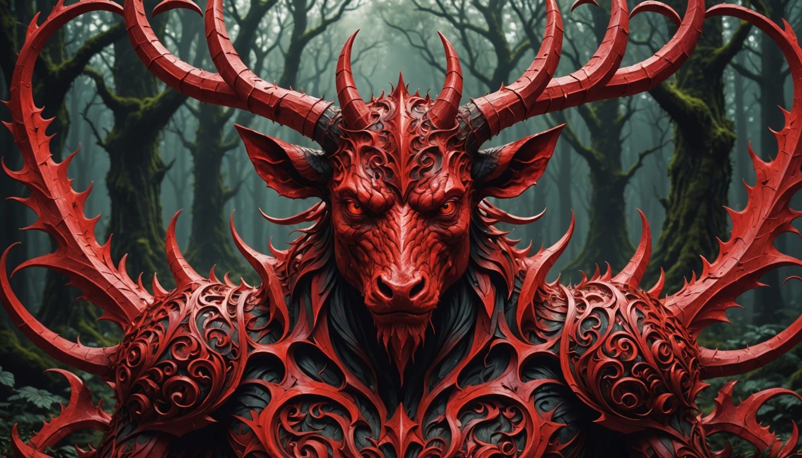 Evil Red Devil Hunt for Unicorn in Abstract Woodland