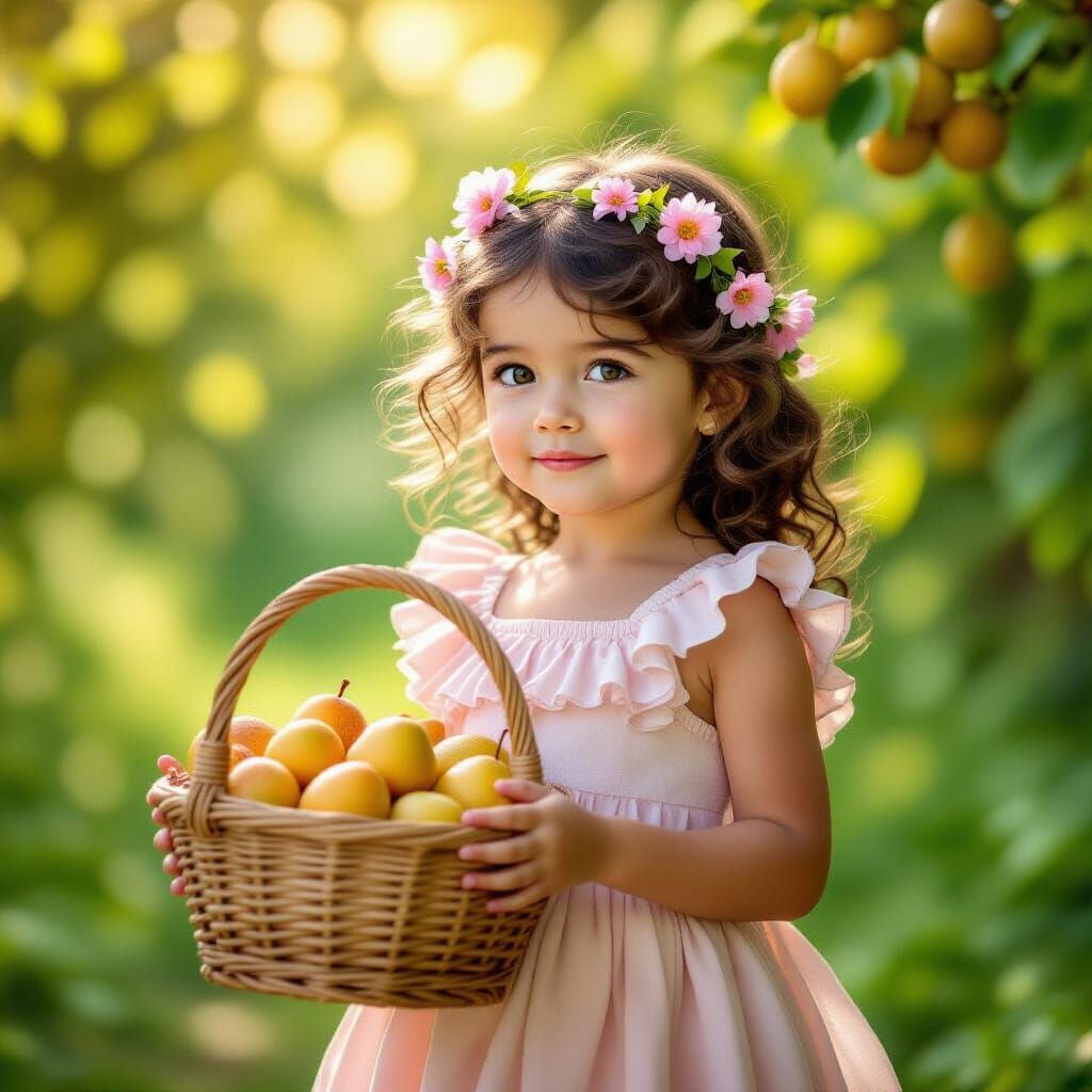 Girl in Blossom Garden with Pear Basket